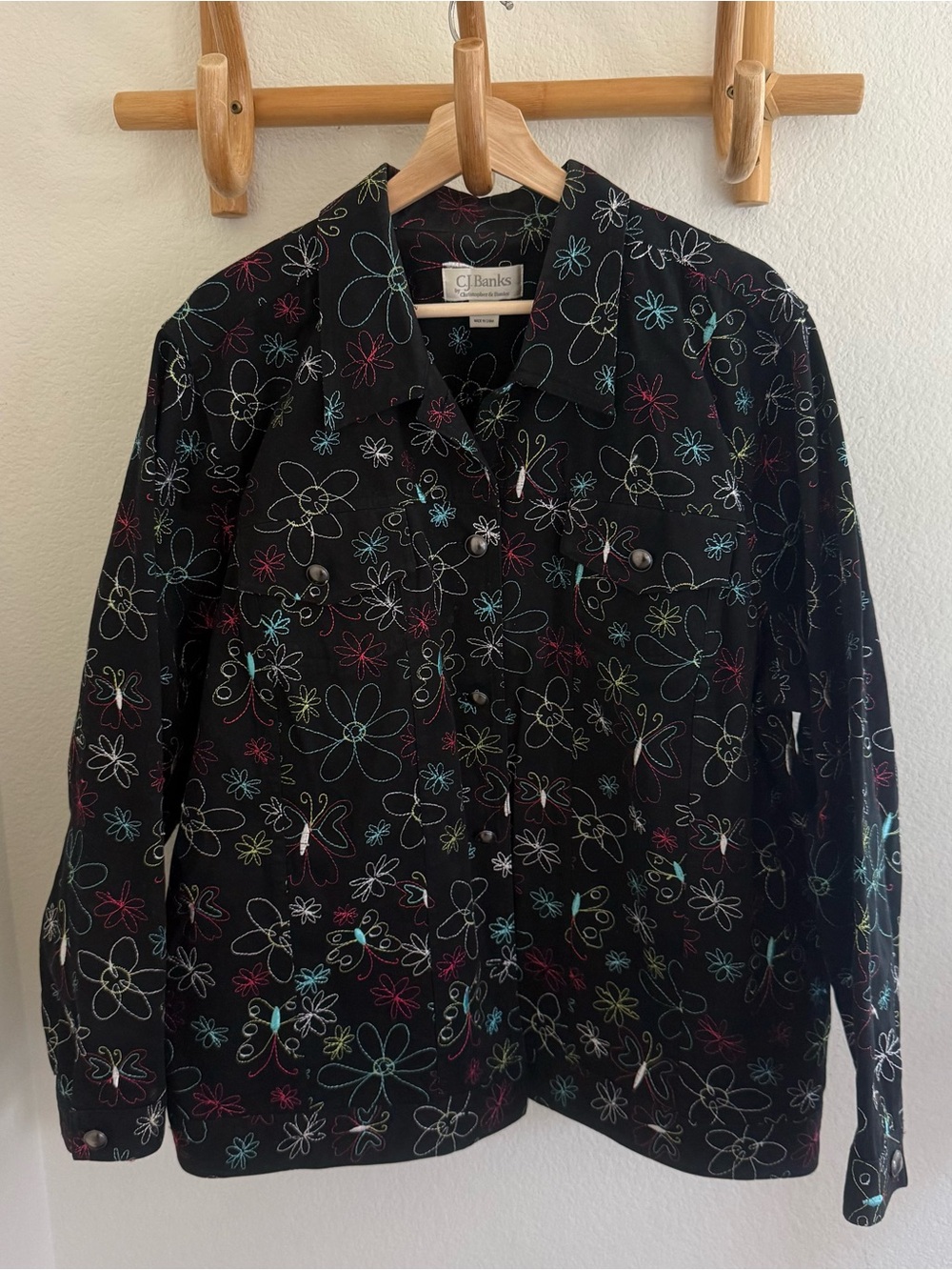 C.J. Banks boho whimsigoth Y2K black multicolor embroidery shacket jacket